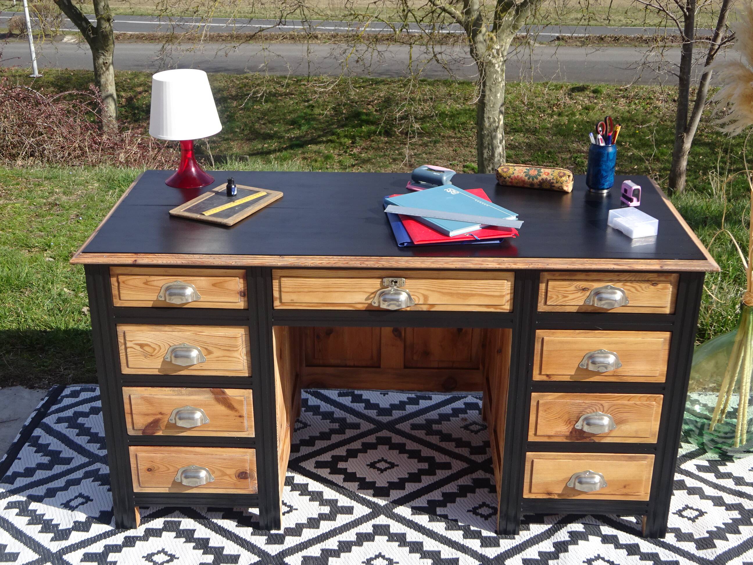 Restored antique pine desk, 9 drawers