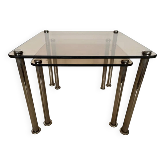 Pair of 2 massive chrome and smoked glass nesting tables / around 1980s