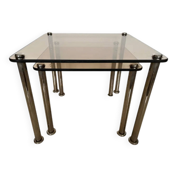 Pair of 2 massive chrome and smoked glass nesting tables / around 1980s