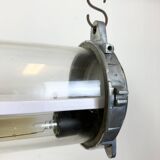 Industrial french polished aluminium hanging tube light, 1970s