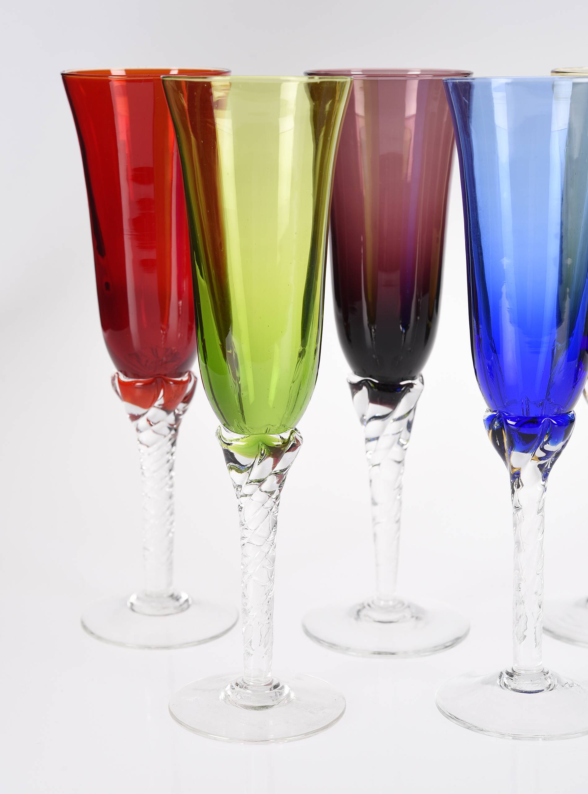 Set of 6 flutes Colorful glass champagne flutes.