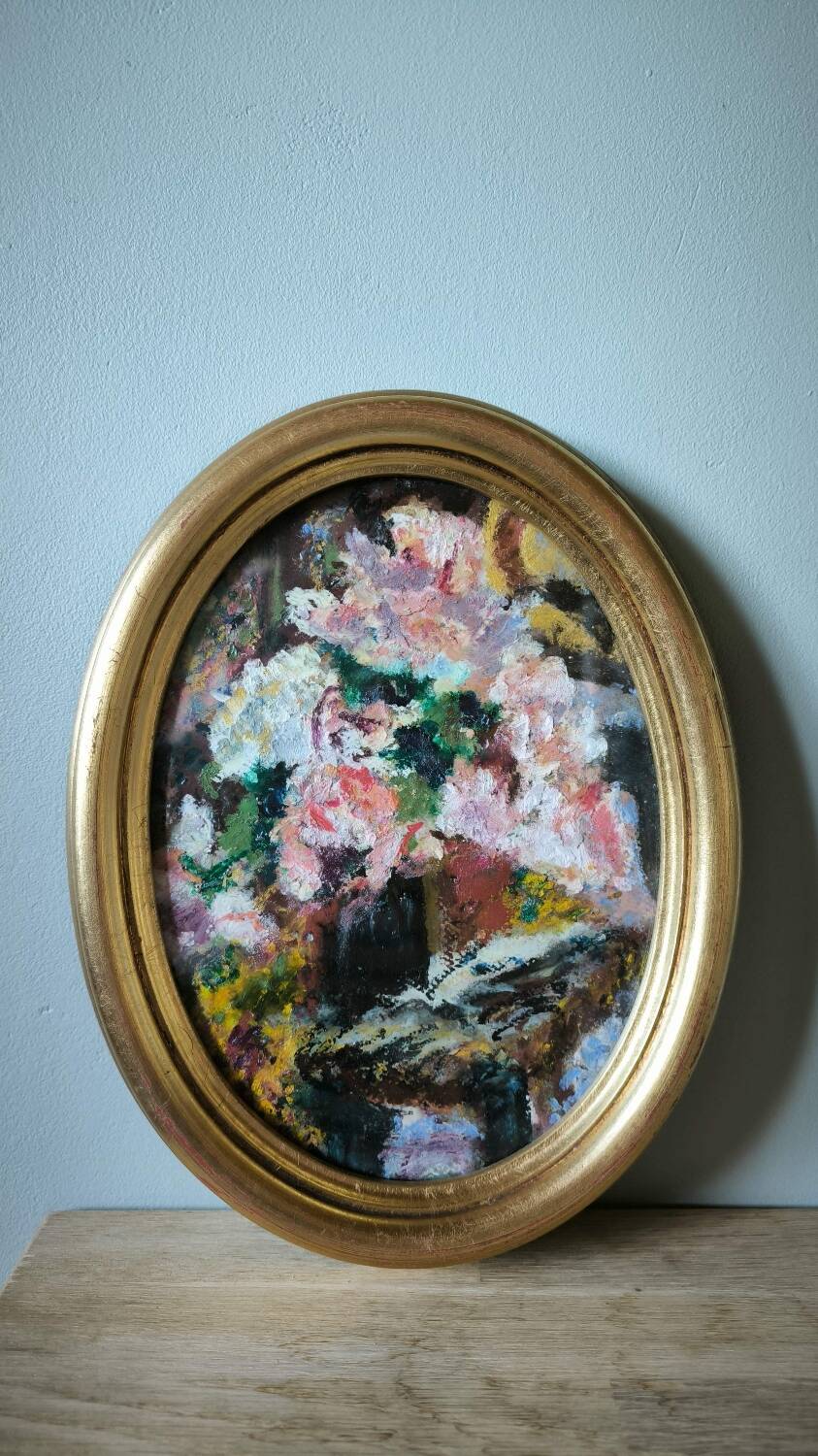Oil painting flowers framed oval with glass Dany Laure artist painter Paris 16th