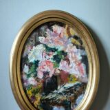 Oil painting flowers framed oval with glass Dany Laure artist painter Paris 16th