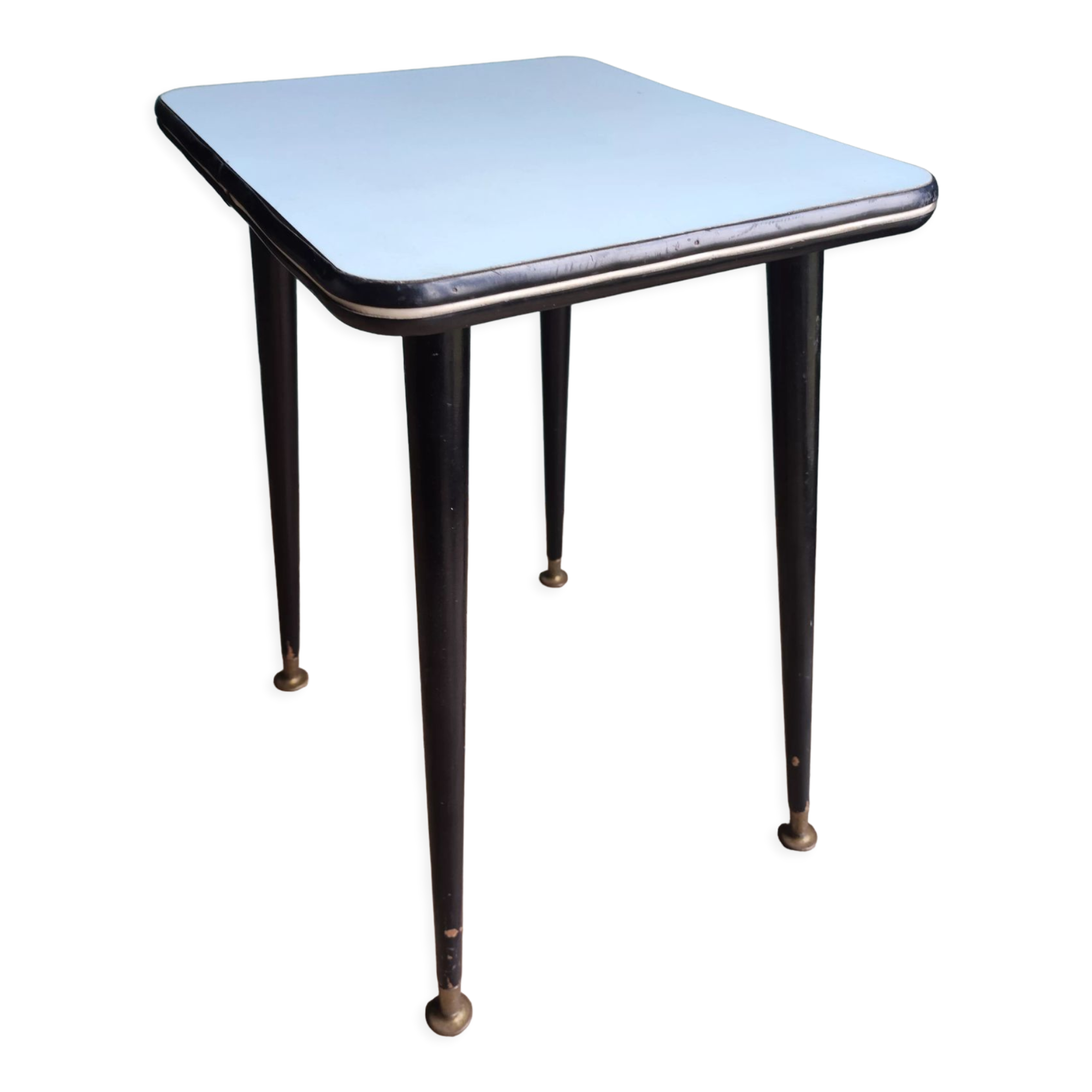 Side table plant holder formica feet compass wood brass vintage