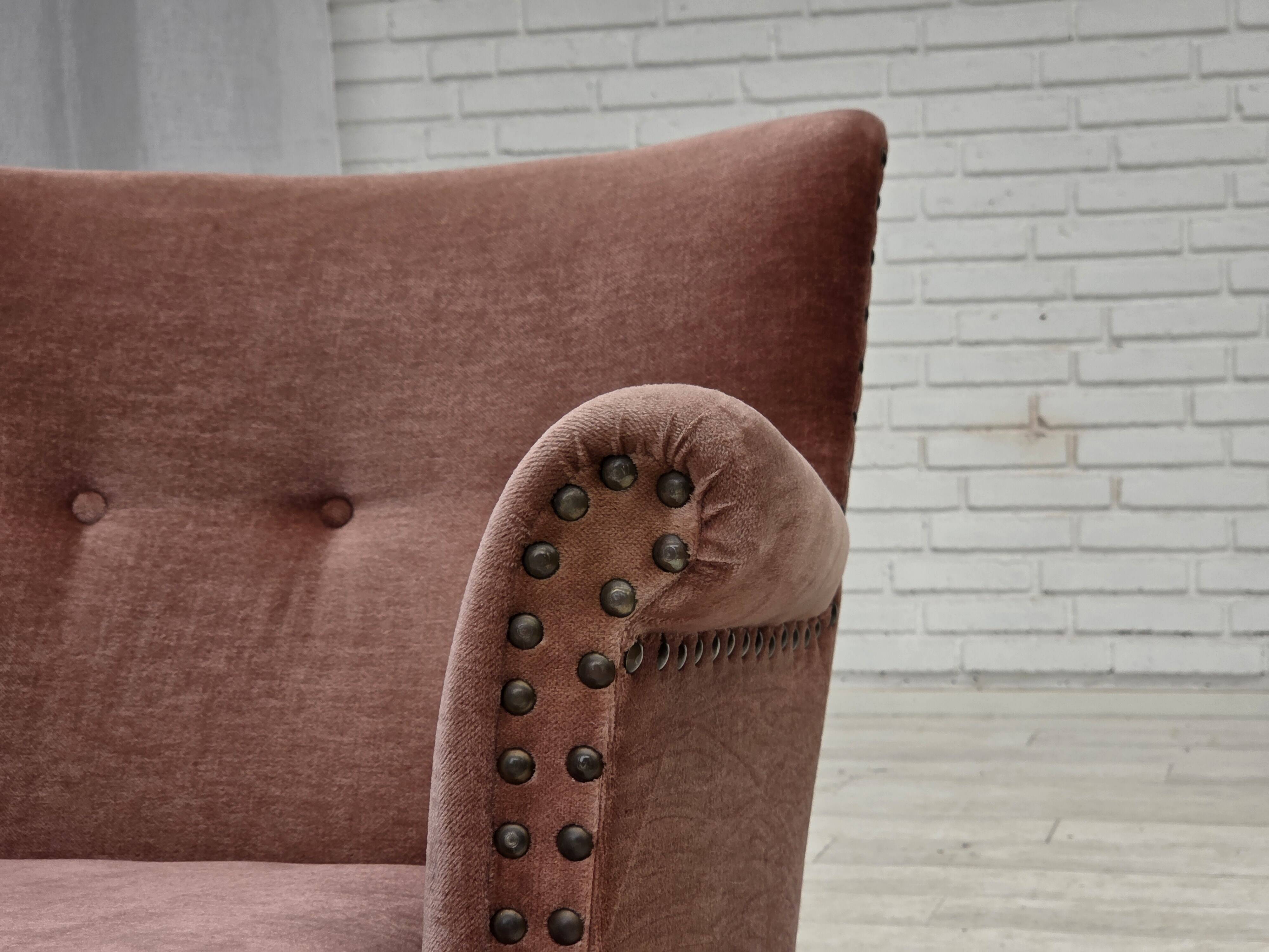 1970s, Danish armchair, salmon pink furniture velour, beech wood.