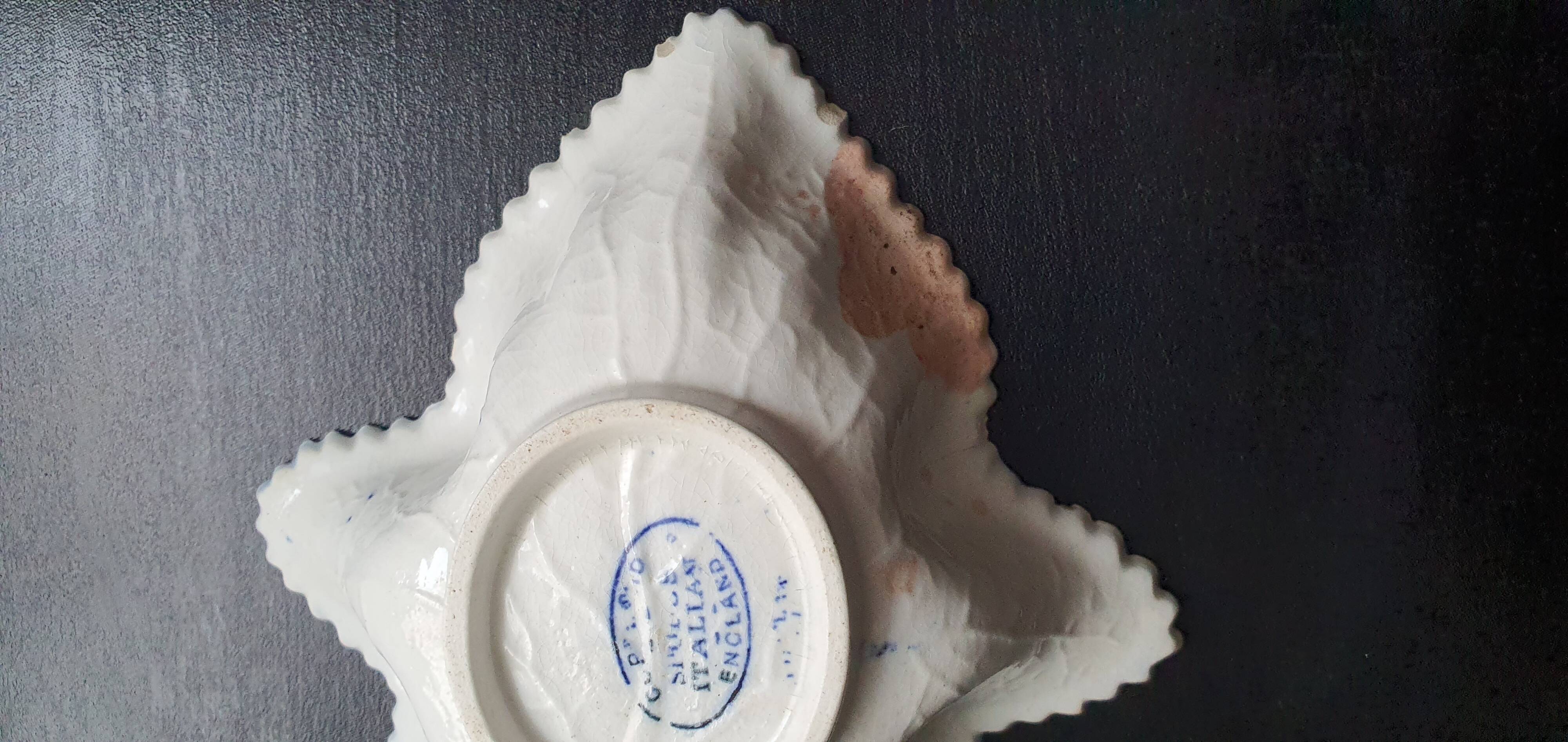 Copeland pickle dish in the shape of a leaf in blue earthenware.