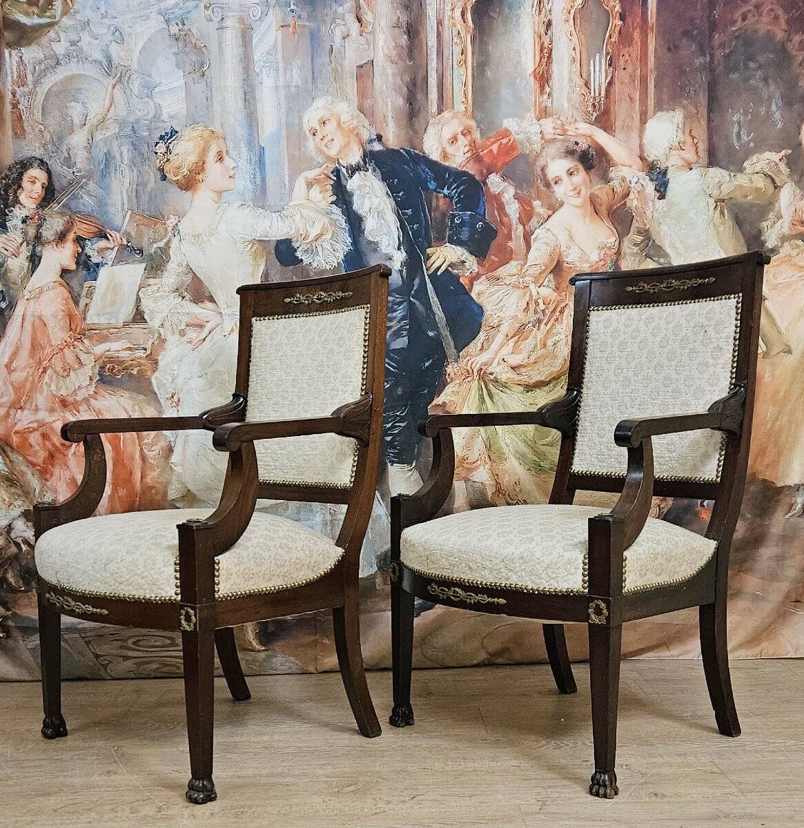 Pair of Empire period armchairs in mahogany, dating from the early 19th century.