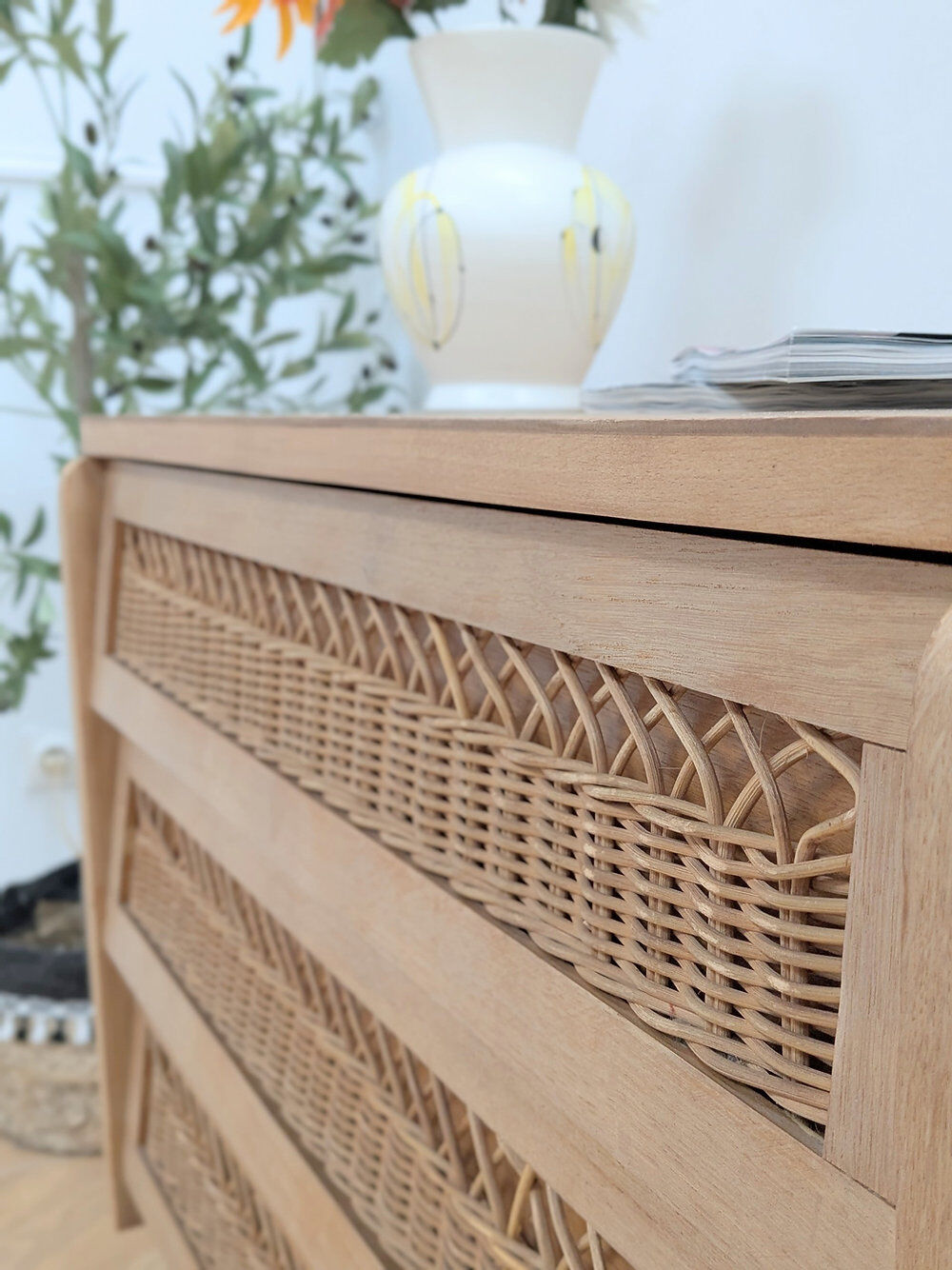 Vintage oak and rattan chest of drawers