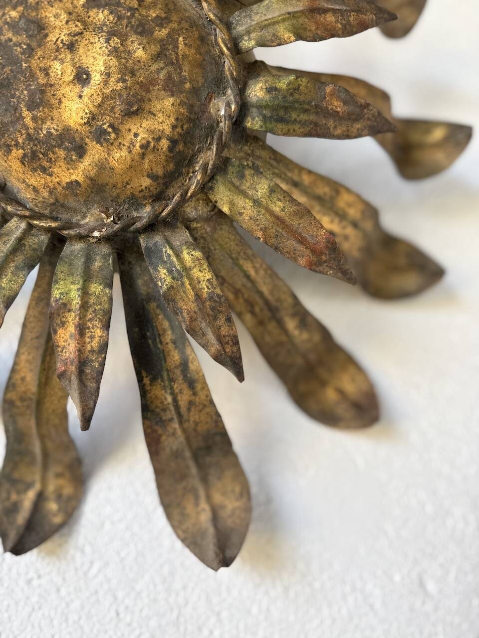 Ceiling or wall light with sun motif, brass, 1950s