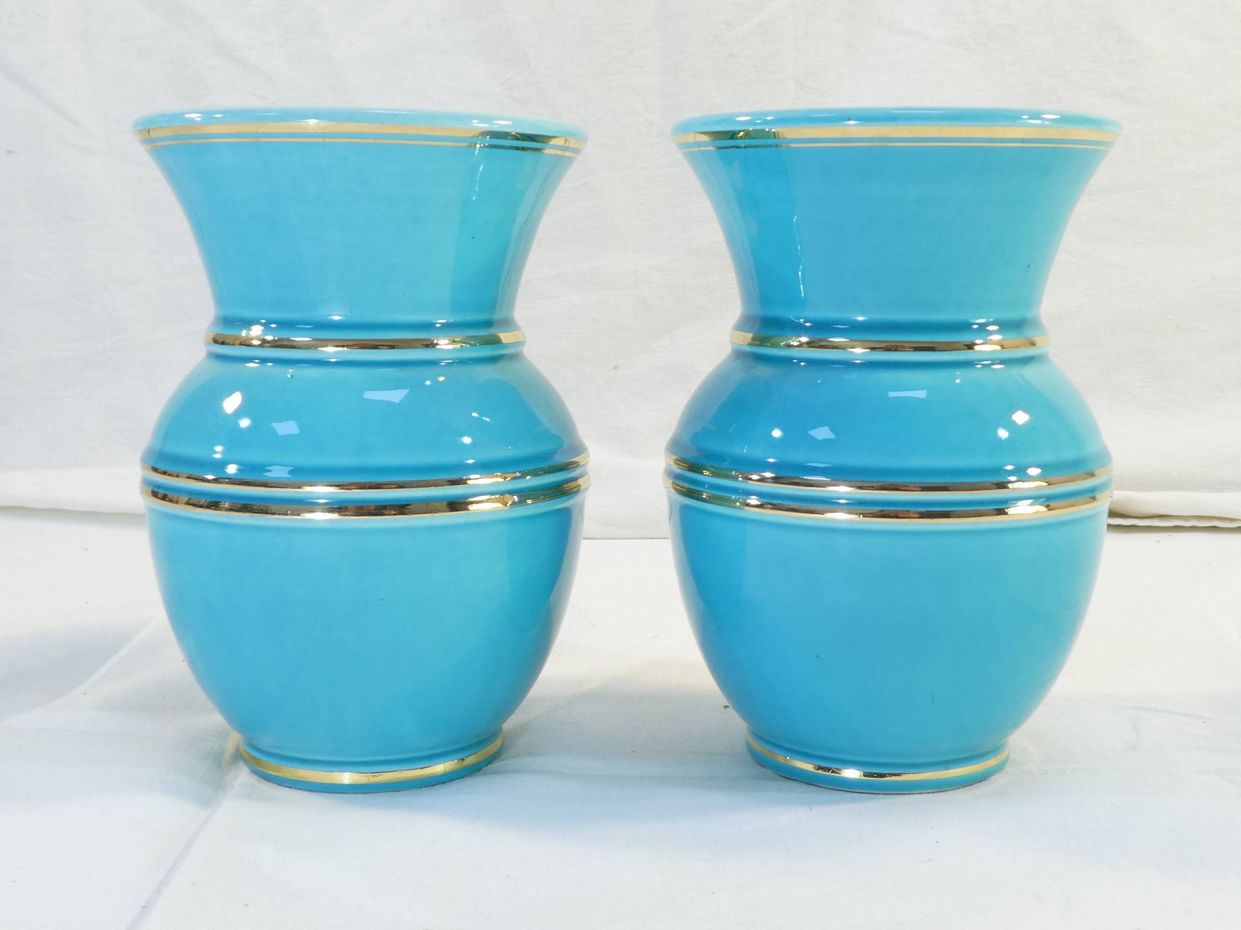 Pair of TURQUOISE BLUE AND GOLD VERCERAM vase