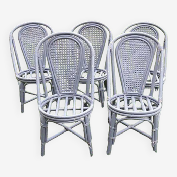 5 anciennes chaises en rotin & cannage gris