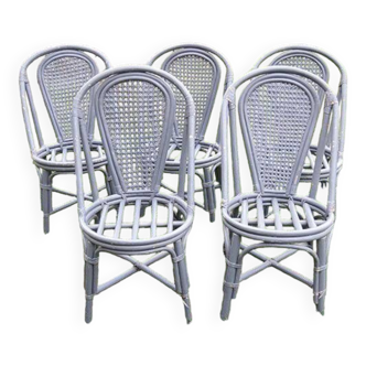 5 old rattan & gray cane chairs