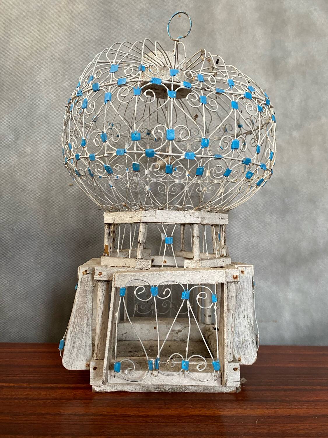 Old Bird Cage Hot Air Balloon Wood + Metal White Blue Vintage Deco