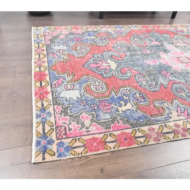 Vintage Turkish Hand-Knotted Geometric Runner Rug 123x209