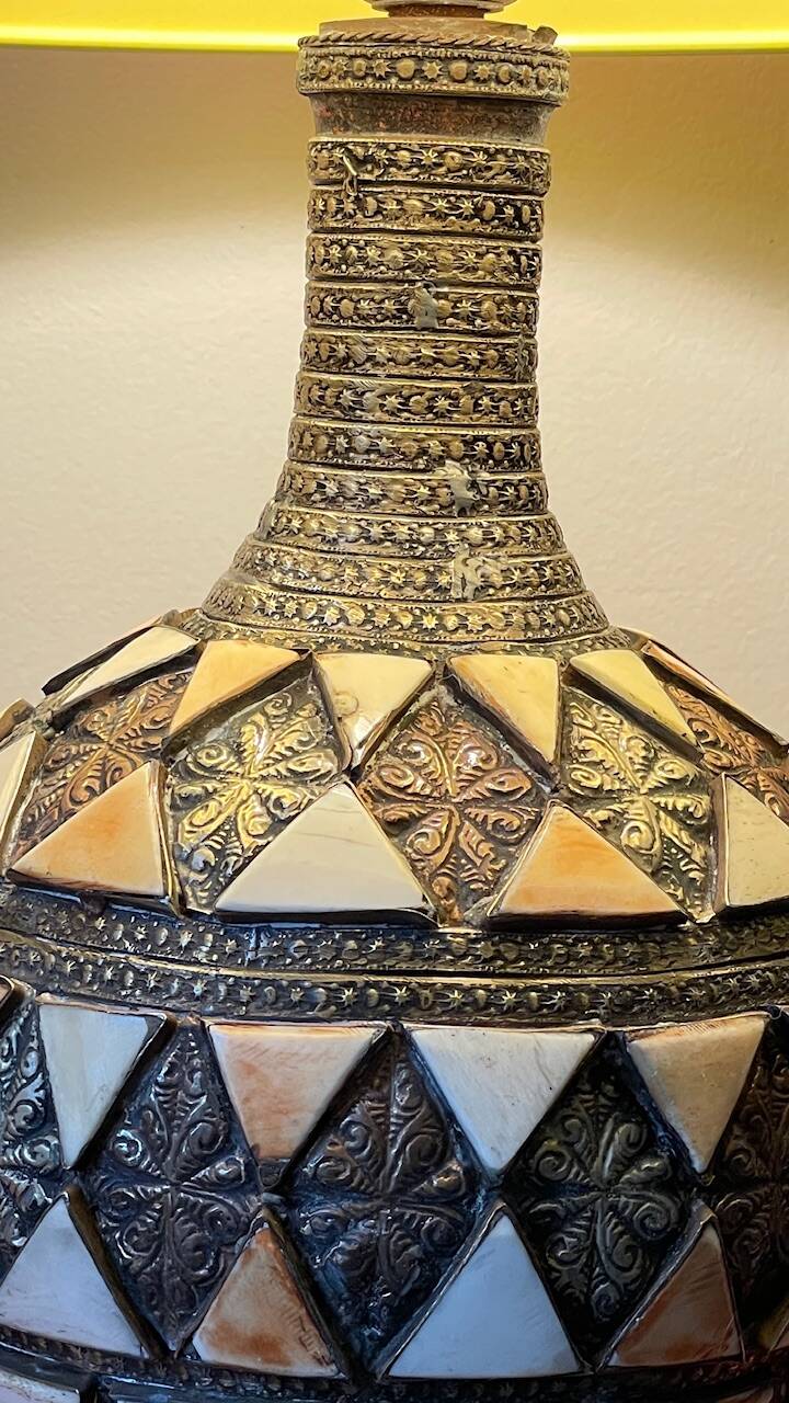 Vintage handcrafted lamp, pottery and silver-plated metal