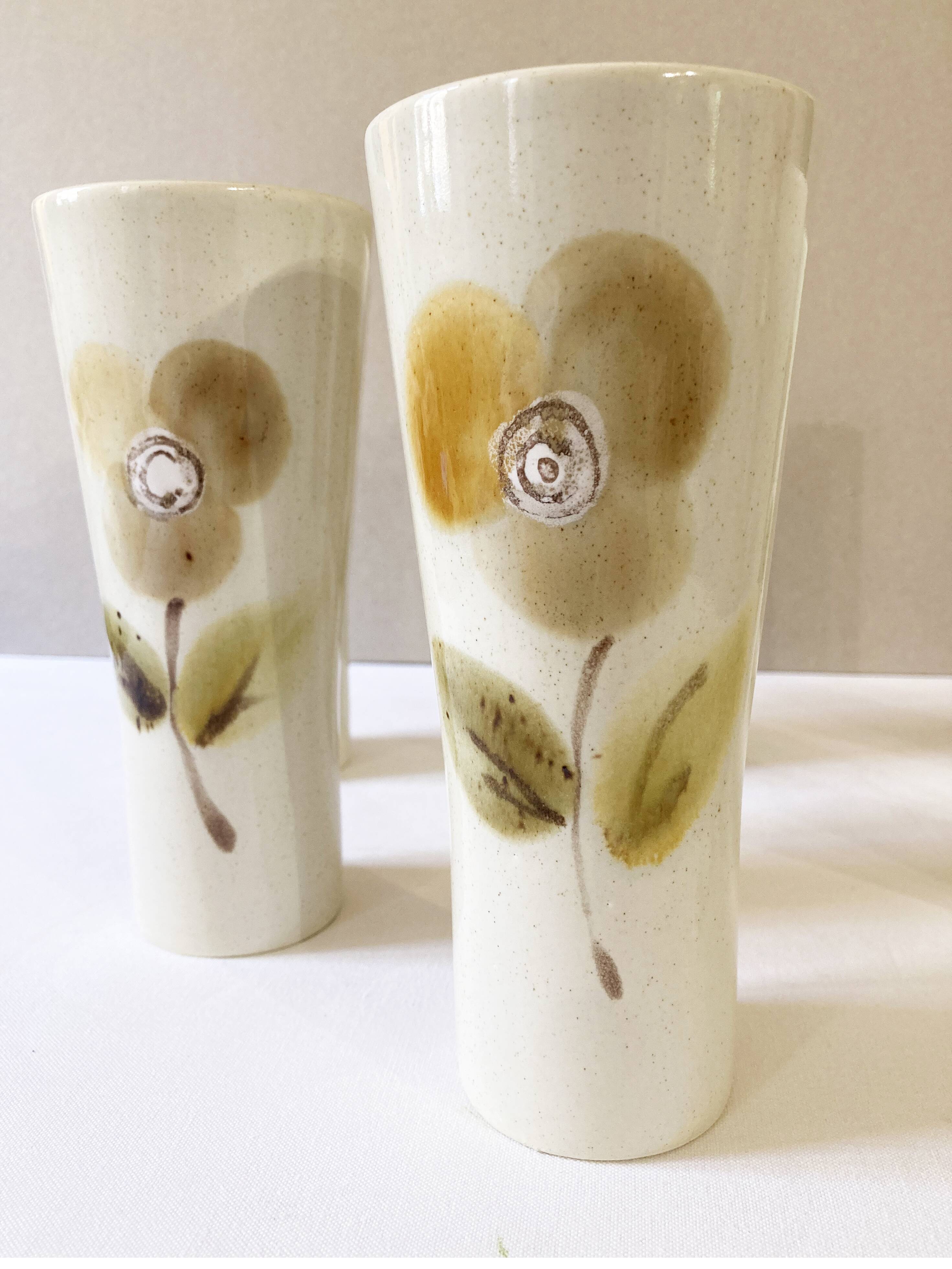Large ceramic glasses, hand-painted flower pattern, beige/cream tones