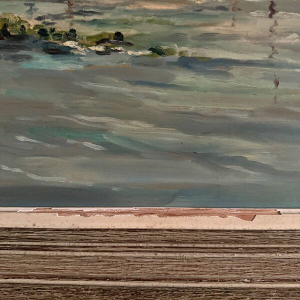 Huile sur Isorel bord de plage avec pêcheurs à pied 1958 par R.P.