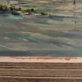 Oil on hardboard beachfront with fishermen on foot 1958 by RP