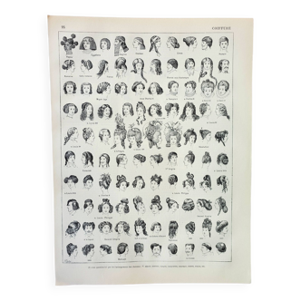 Gravure ancienne 1898, Coiffure dans l'histoire, cheveux • Lithographie, Planche originale