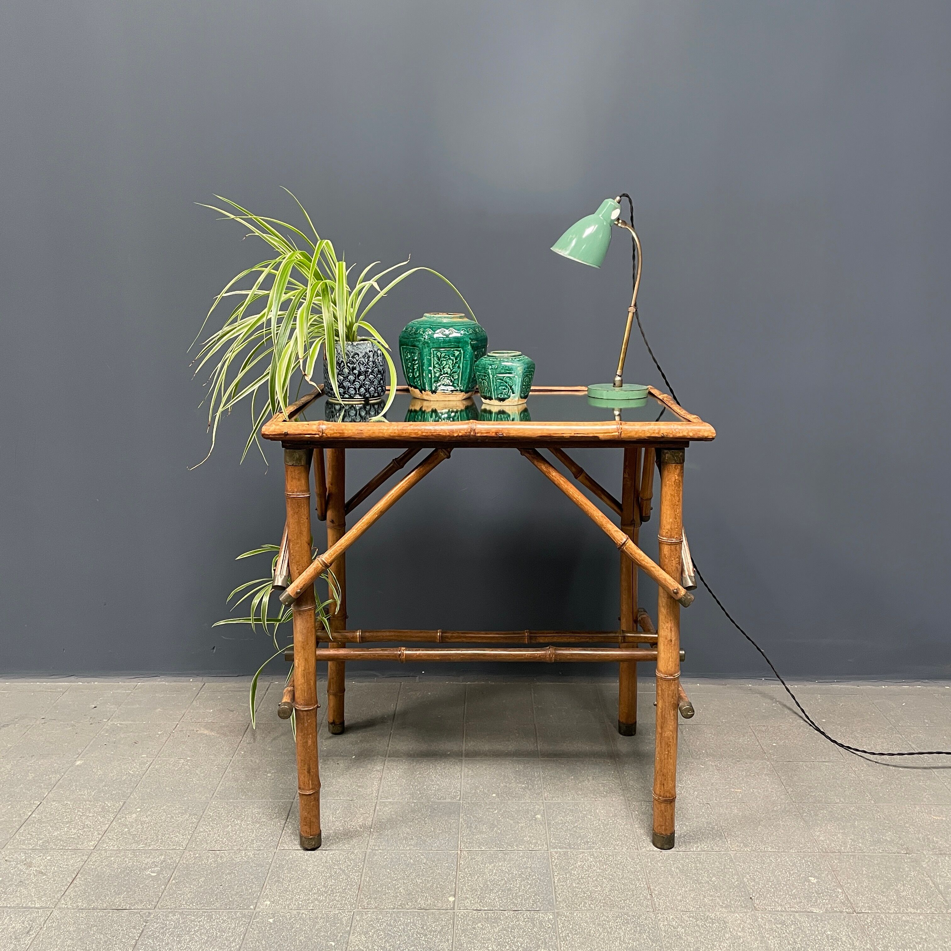 Bamboo side table with mirror top from France, 1940s