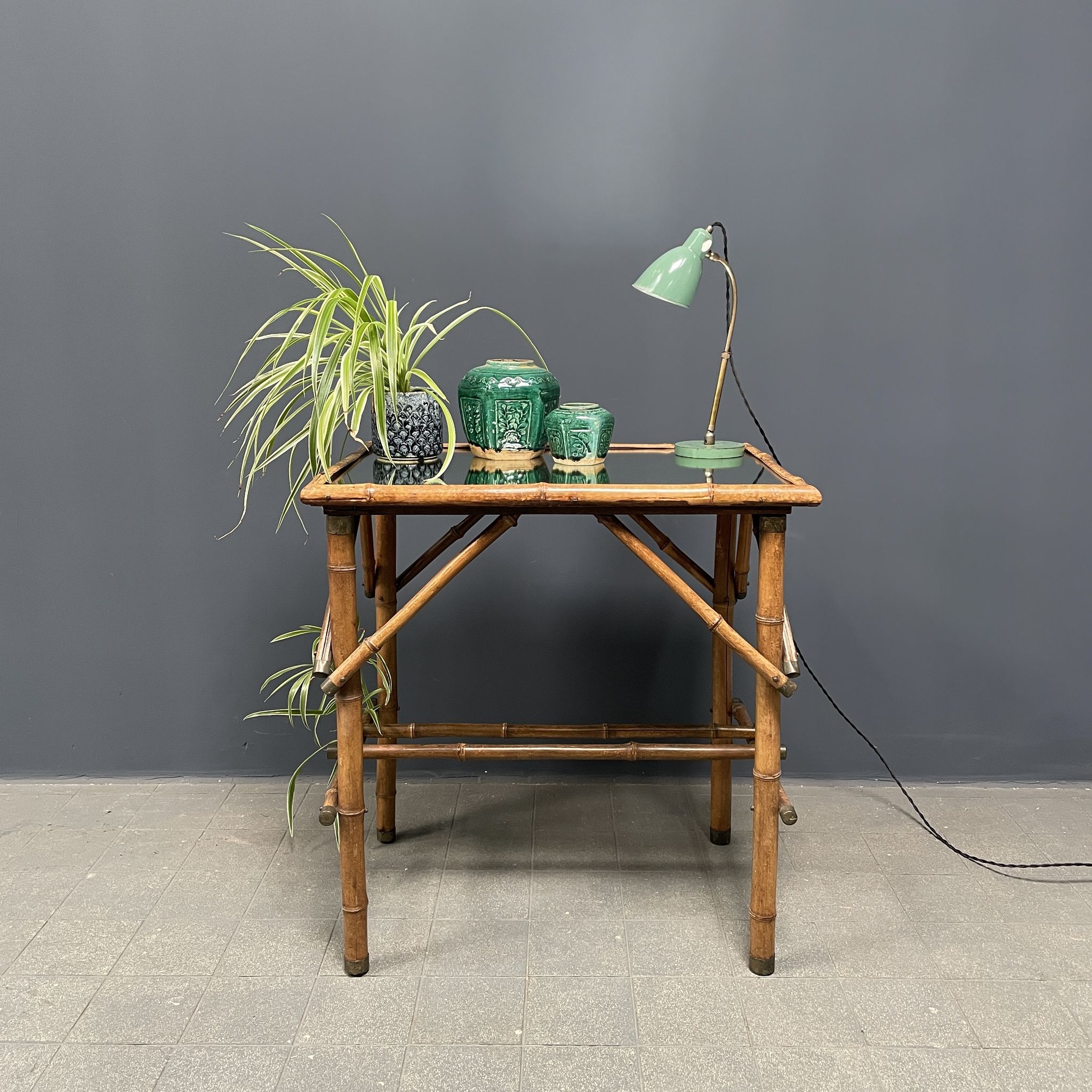Bamboo side table with mirror top from France, 1940s
