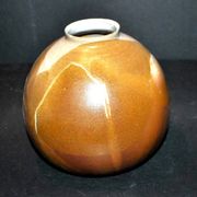 Vintage ball vase in flamed stoneware 1960 - caramel color with blue flow - signed DS