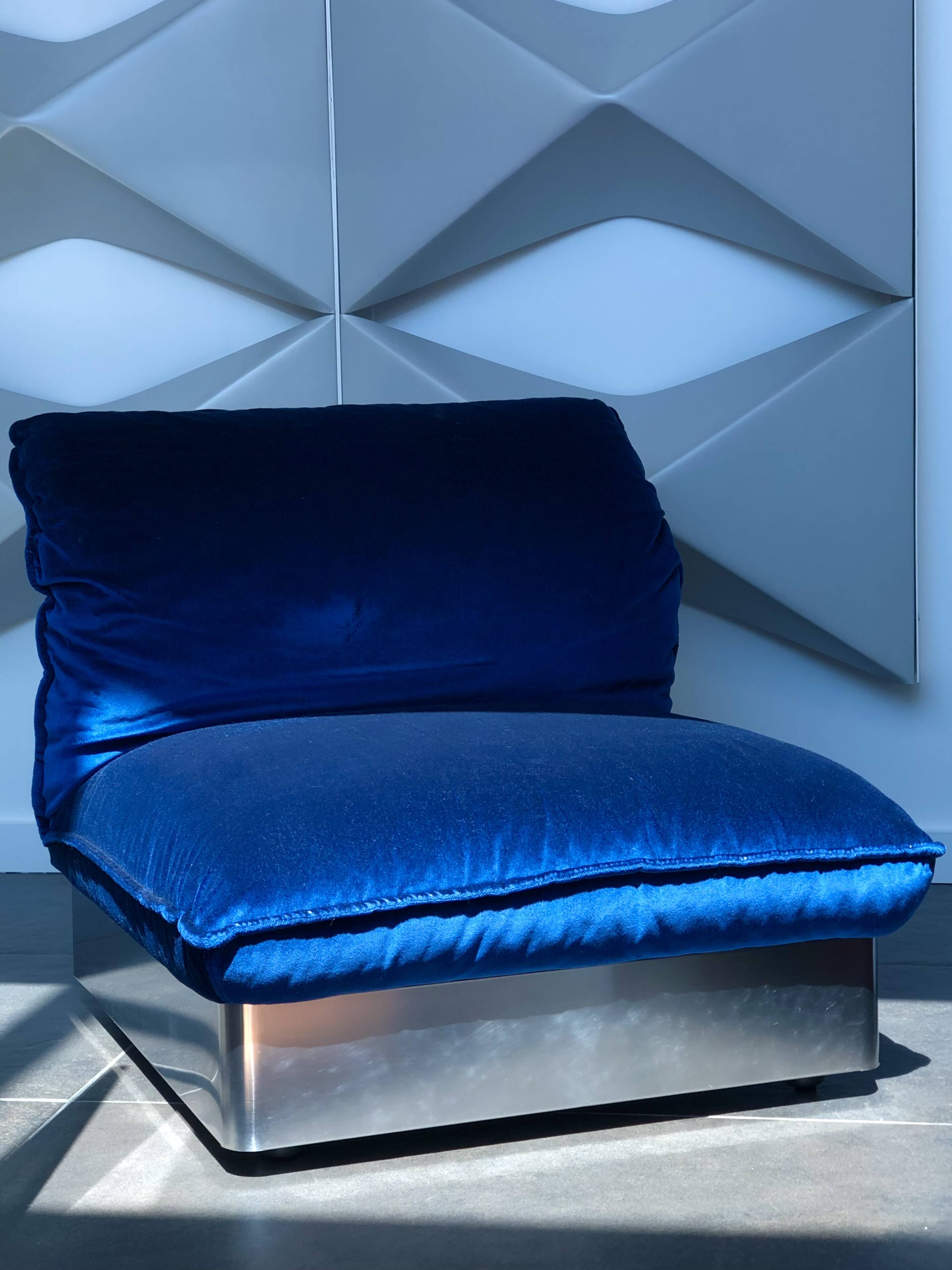 Stainless steel and royal blue velvet armchair, France, 1970s