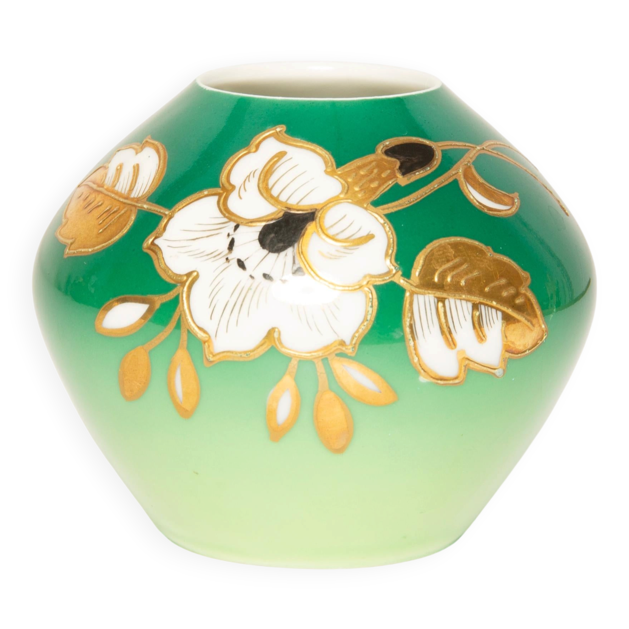 Vase vert en porcelaine peint à la main, milieu du XXe siècle