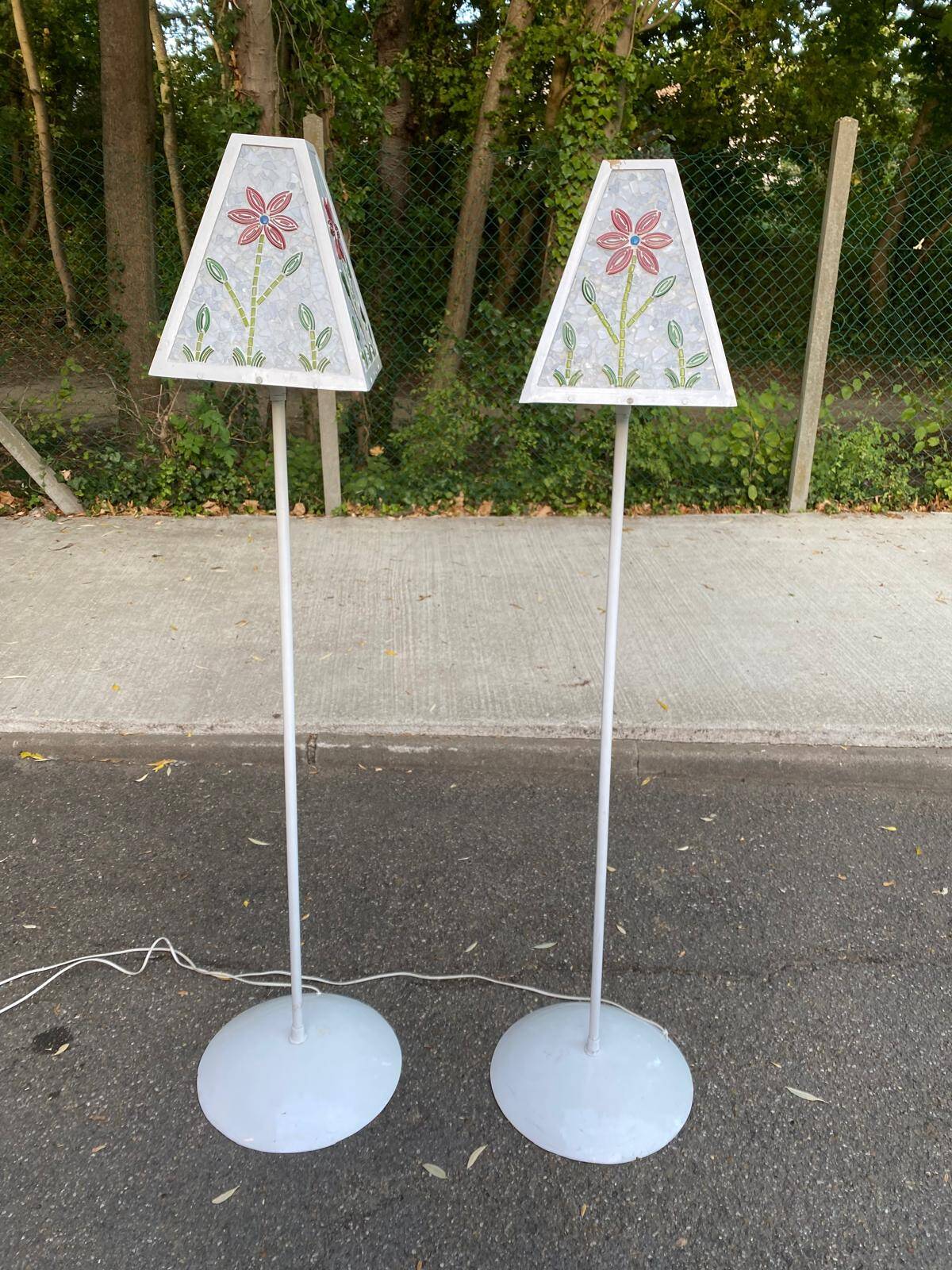 Pair of vintage mosaic glass lamps — Floral patterns