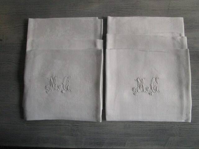 6 large antique damask napkins, monogrammed
