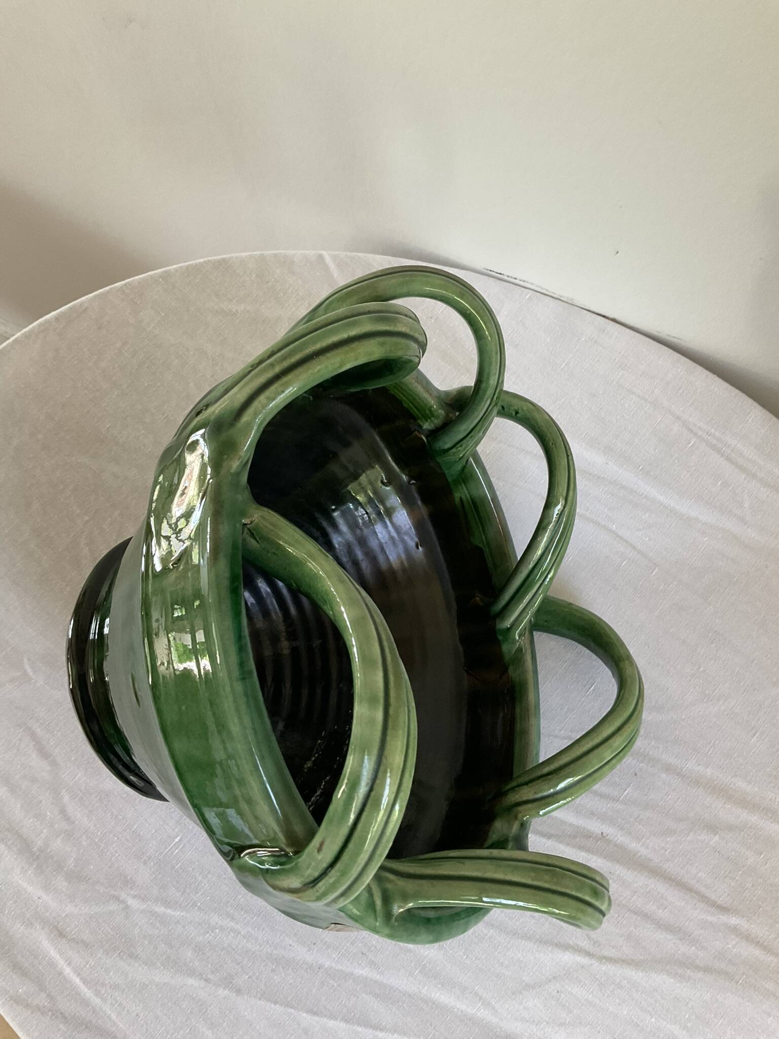 Vintage green glazed ceramic planter / cache-pot, Meyssac