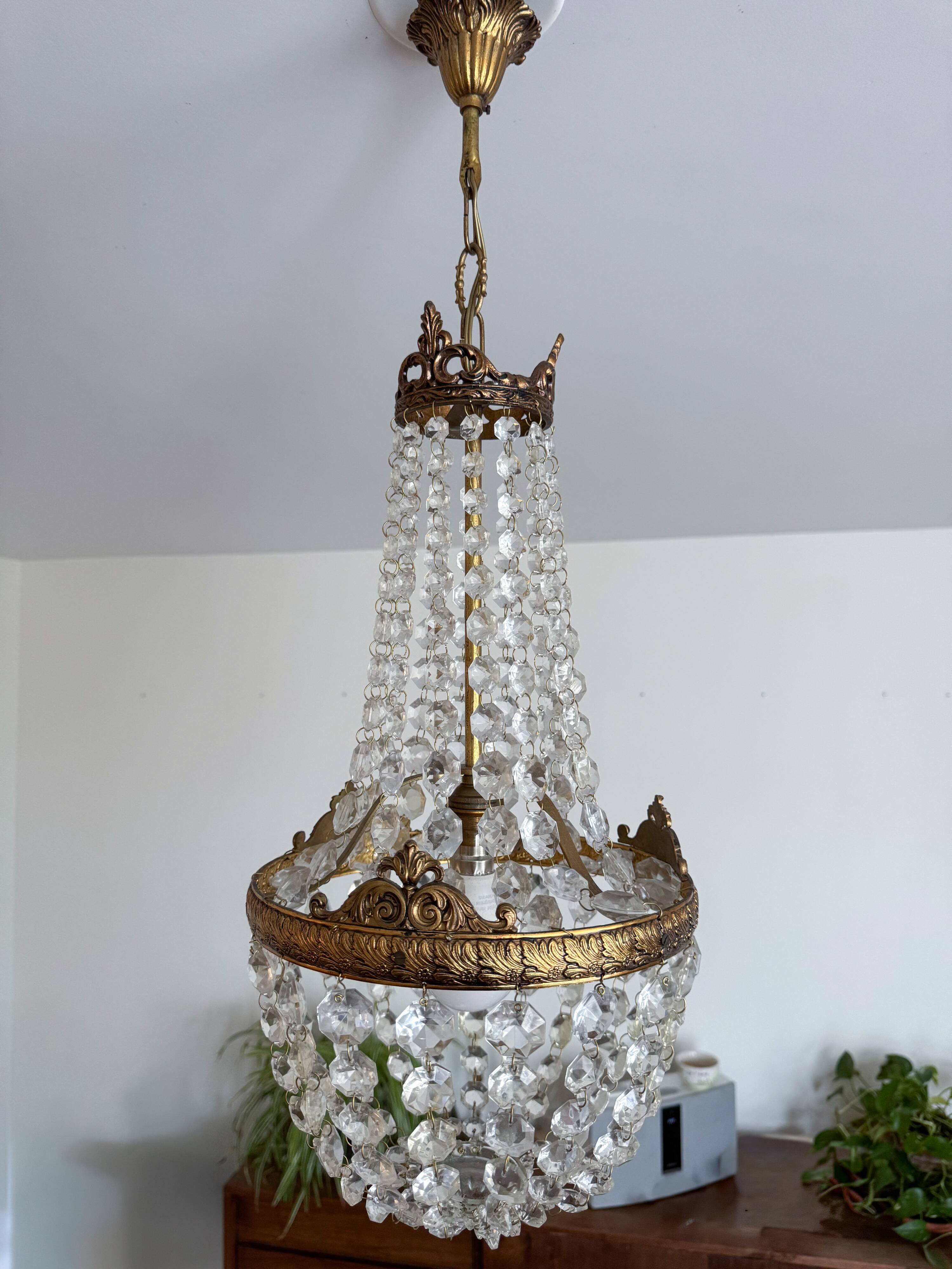 Antique brass and cut glass balloon chandelier