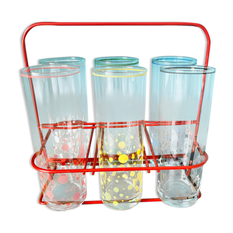 Vintage soft drink glasses with transport stand