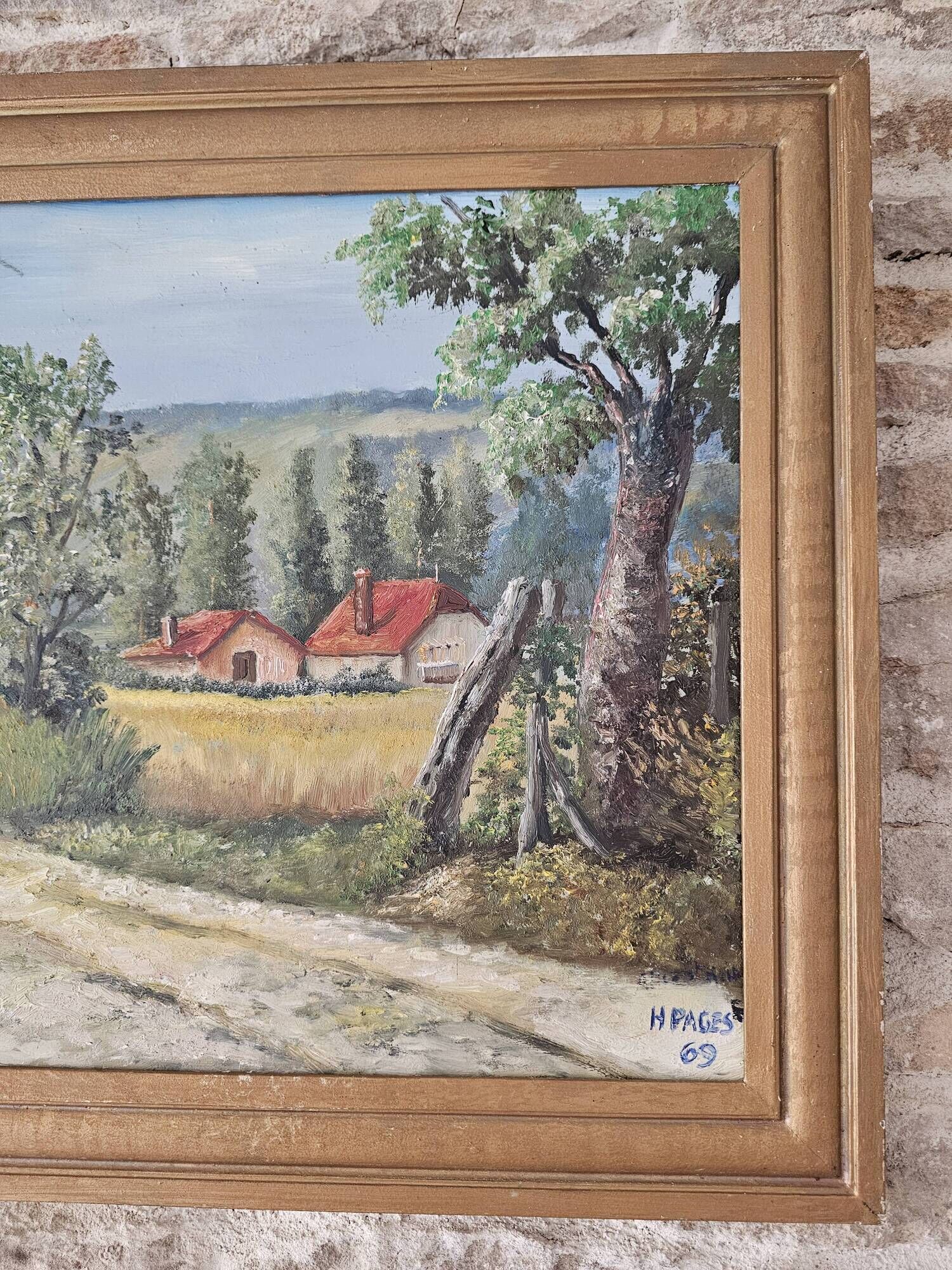 Oil painting on Isorel - Hilly countryside landscape Signed H Pages 1969