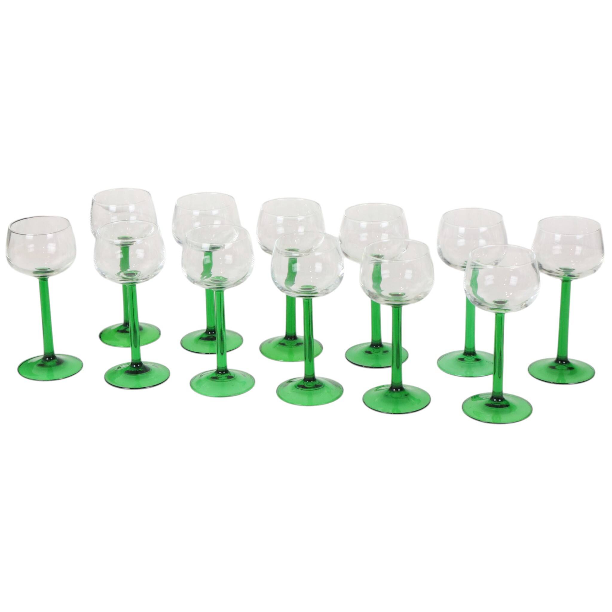 Set of 12 Vintage Luminarc Alsace Wine Glasses Thick Green Stems