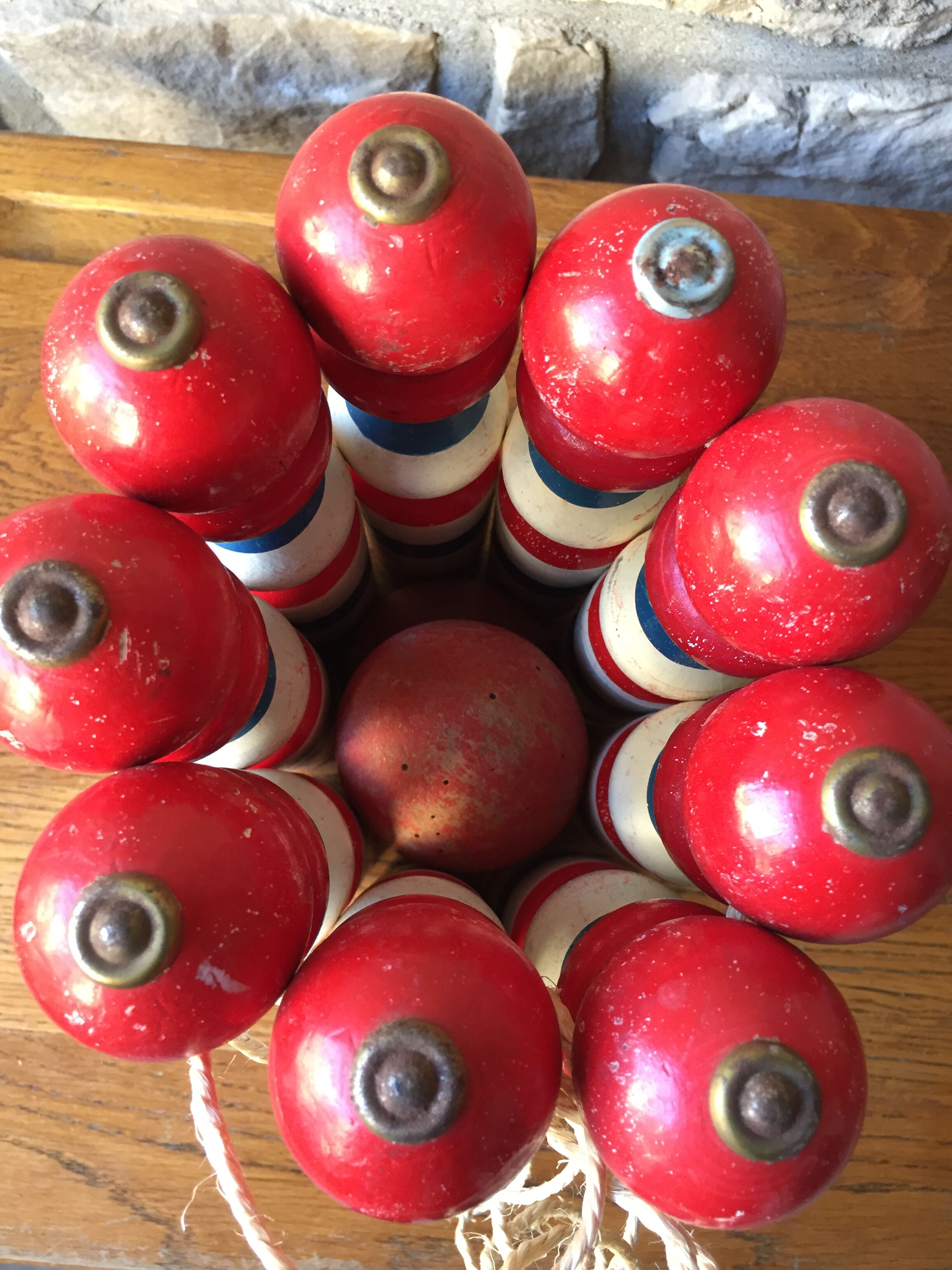 Old vintage wooden bowling game triclore plus two balls