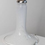 White Murano Glass Table Lamp with Zigzag Silver Metal Details and Textured Silk Shade, Italy 1980s