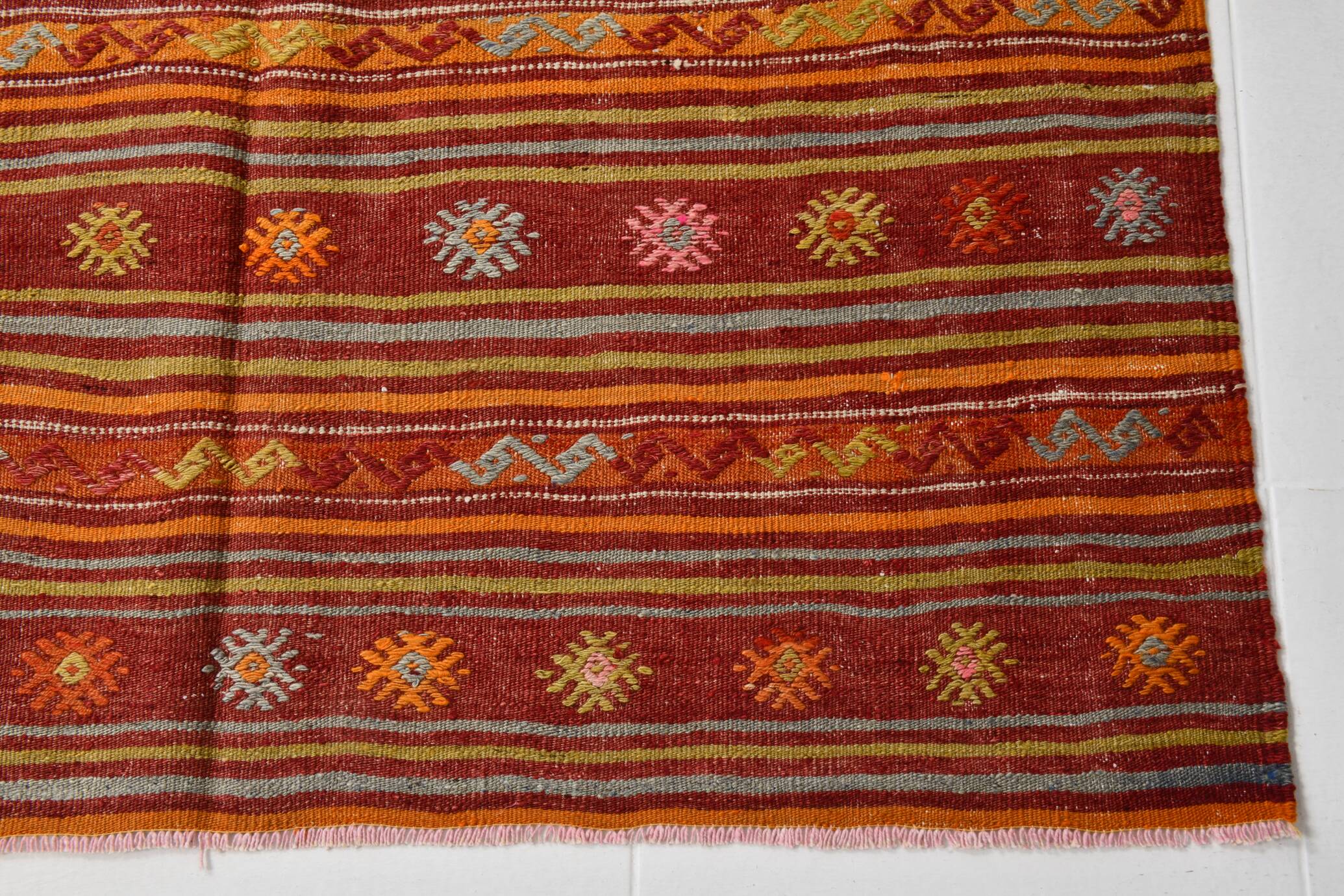 4x7 Red Orange Striped Handmade Wool Kilim Rug