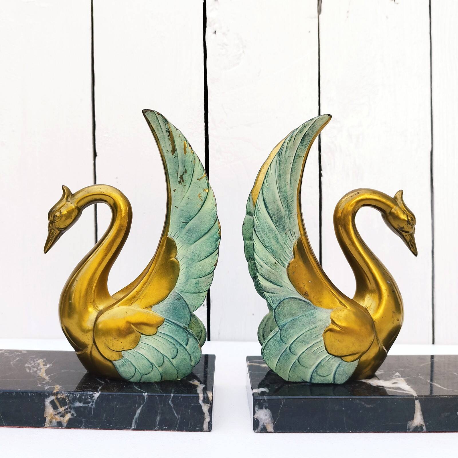 Pair of art deco golden swan bookends