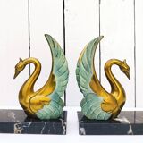 Pair of art deco golden swan bookends