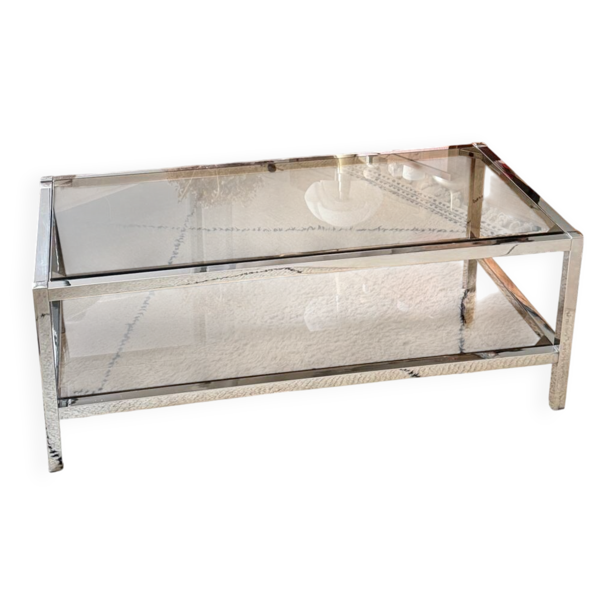 Table Basse Vintage Chrome & Verre Fumé (Style Belgo Chrom)