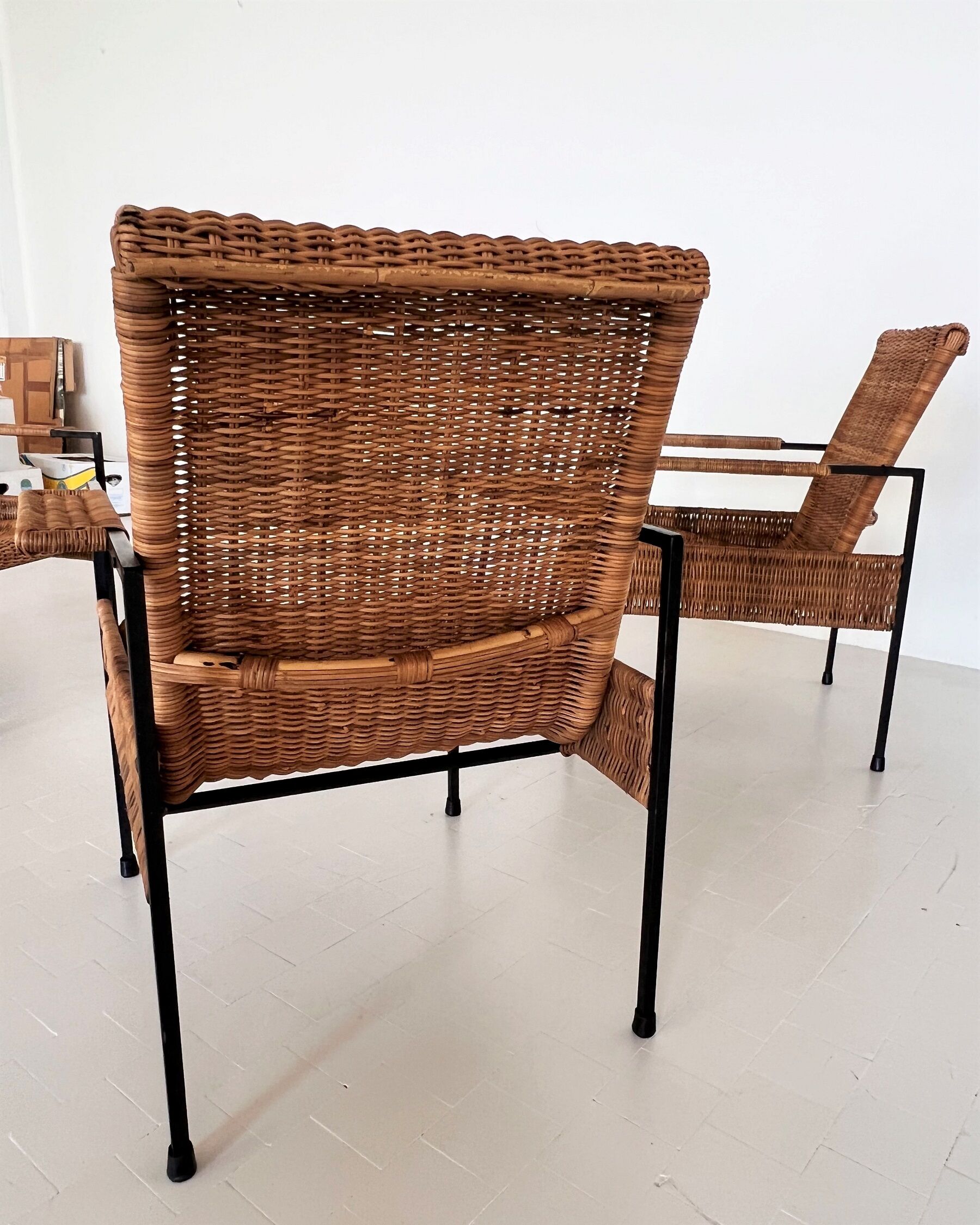 Rattan wicker and iron lounge chairs, set of 4