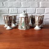 Asian ceramic tea set, mazagrans and teapot with landscape motif