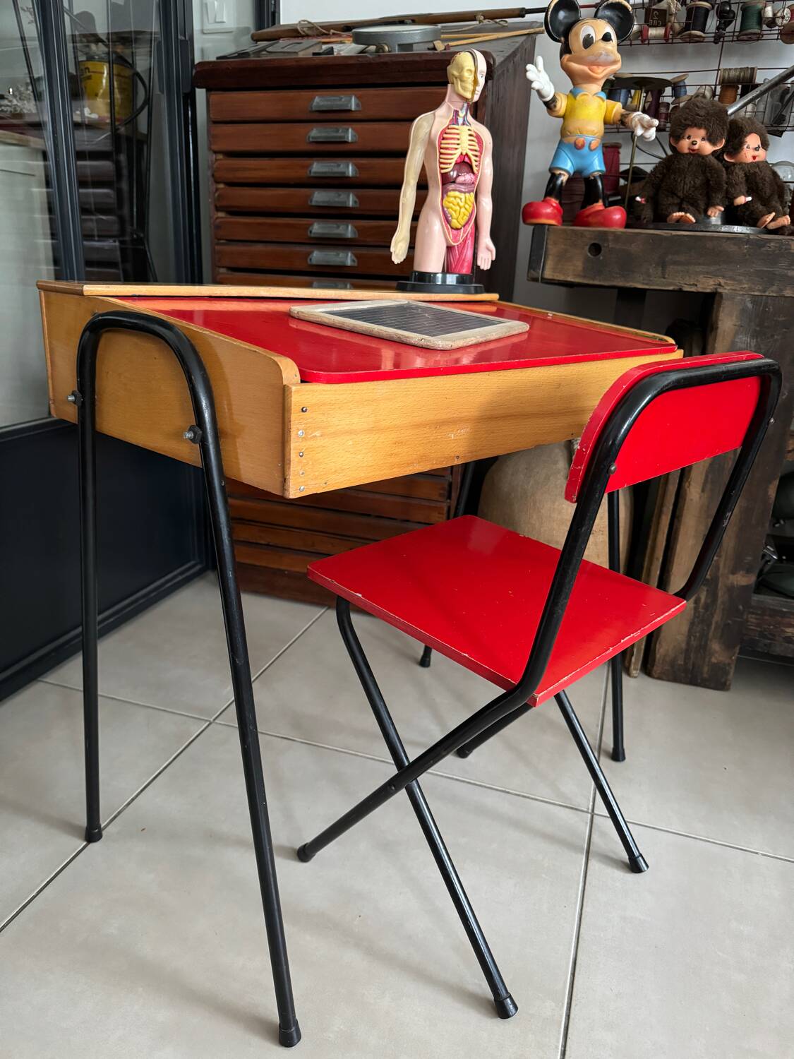 Vintage red children's desk and chair set