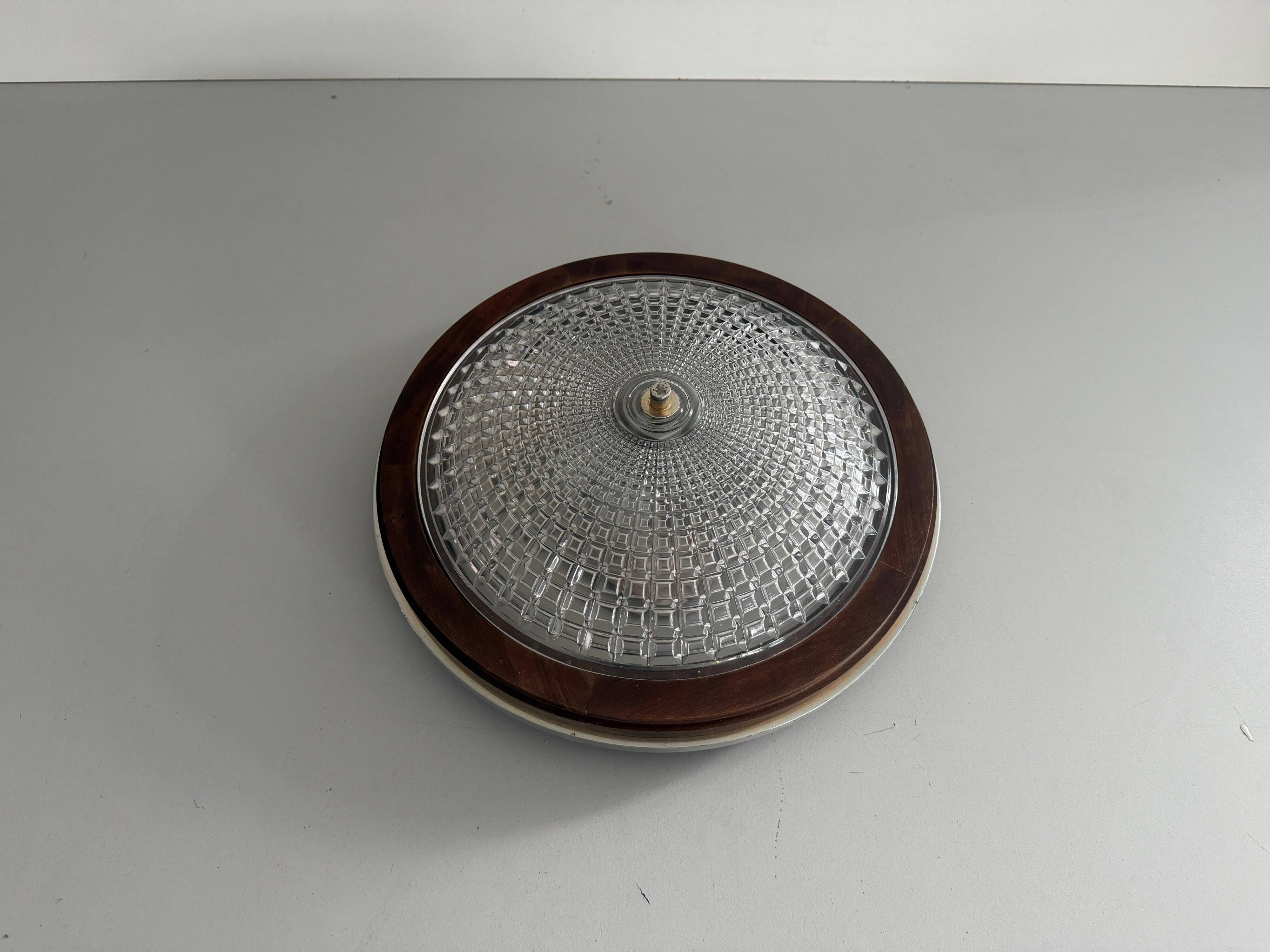 Flush mount in glass crystal and mahogany wood base, 1960s, Switzerland