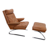 Vintage COR Swing fauteuil met hocker, Reinhold Adolf, cognac leer