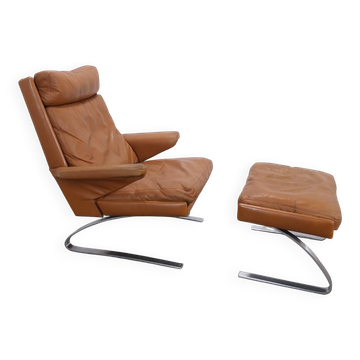 Vintage COR Swing armchair with ottoman, Reinhold Adolf, cognac leather