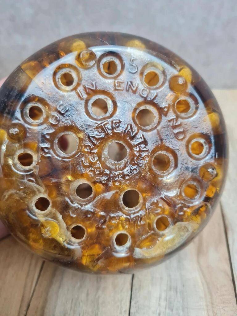 Art Deco Davidson "Cloud Glass" amber centrepiece bowl – vintage English flower holder