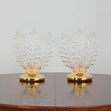 Pair of Italian brass and Murano glass leaf shaped table lamps attr. to Novaresi