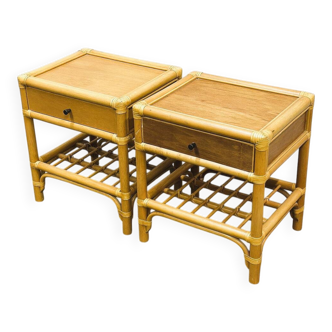 Vintage pair of French bamboo bedside tables with brass knobs, 1970s